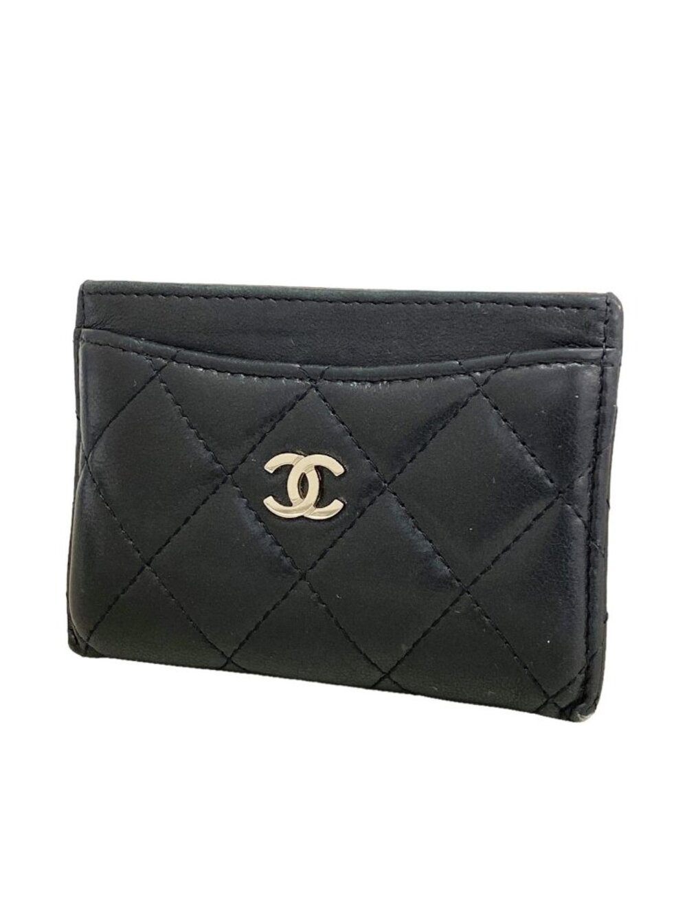 Chanel Card Case Quilted Lambskin Black Silver